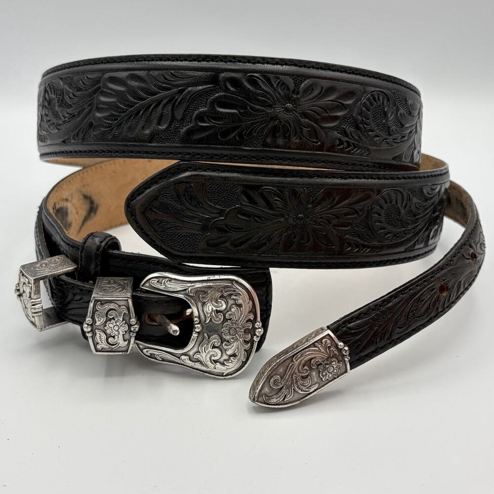 Tony Lama Black Leather Tooled Men’s Ranger Belt, Buckle, Tip & Keepers Size 38